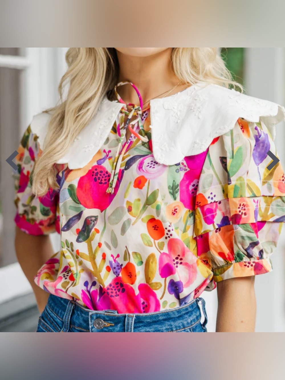 Entro Floral Cotton Puff Sleeve Oversized Collar Blouse Top Large